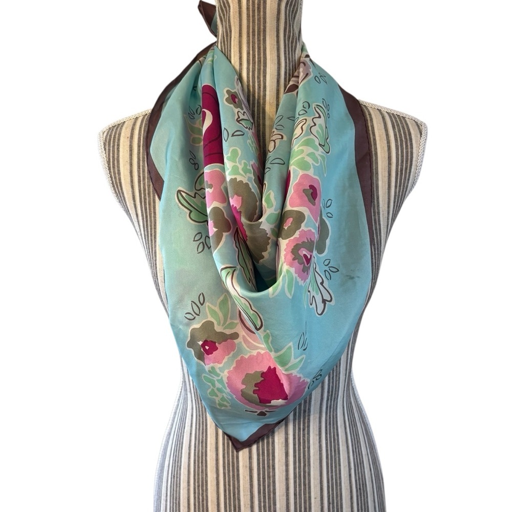 Vintage Silk Scarf Blue Brown Trim Floral Pattern Pink Flowy Soft Highway